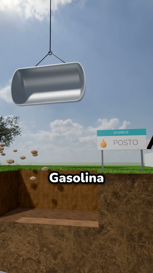 Posto de gasolina em corte: o tanque pendurado no guindaste sobre o buraco